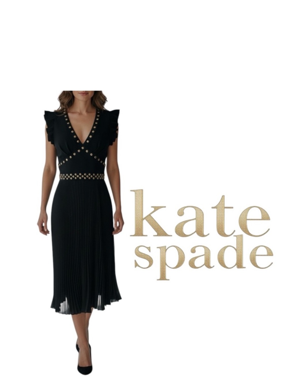 Kate Spade New York Pleated Stud Crepe Dress Black Midi Size 10 NWT